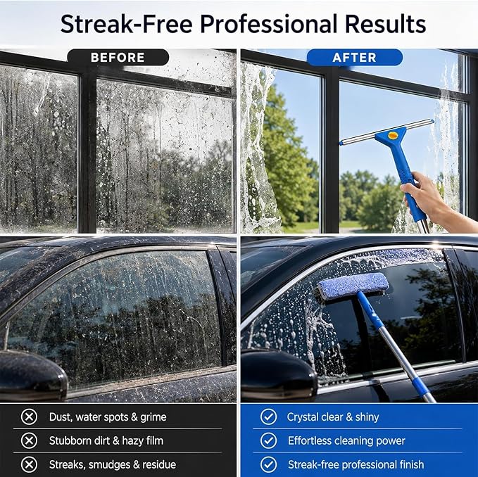 Window Cleaning Kit with Extension Pole Professional Window Washing Kit | with Bucket, 79"Window Squeegee with Microfiber Scrubber Scraper,Window Cleaner Tool for Indoor Outdoor High Windows