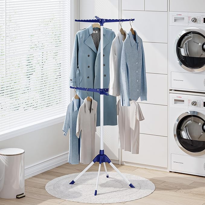 APEXCHASER Clothes Drying Rack, 2-Tier 48 Hangers Foldable Blue | 2-Tier Design, 6 Rotatable Arms, 48 Hangers, 4-Leg Stable Base, Foldable, For Indoor Outdoor, RV Travel & Beach Use