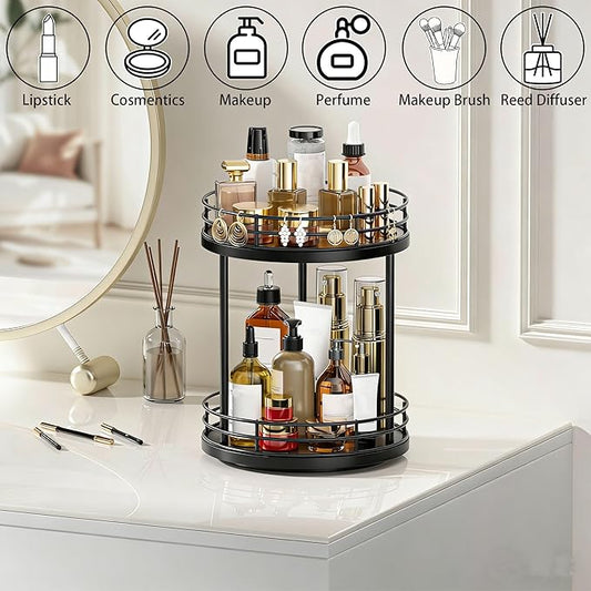 Bathroom Organizer Countertop,2 Tier Rotating Makeup Organizer Countertop for Vanity,Wooden Bathroom Counter Storage Shelf,Lazy Susan Turntable for Perfume,Skincare,Cosmetic (Black)
