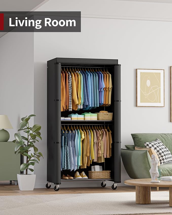 Sakugi Clothes Rack with Cover, Wardrobe Closet with Lockable Wheels, 35.4" x 17.7" x 79.7", Rust-Resistant, Black