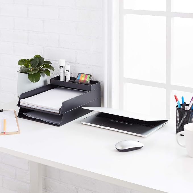 Amazon Basics Rectangular Plastic Desk Organizer, Half Accessory Tray for Office Supplies and Workspace Organization, 9.4" x 3.3" x 1", Black (Pack of 2)
