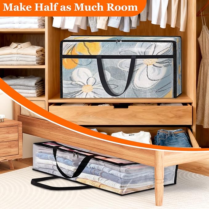 TasticTotes 8 Pack Clear Storage Bags for Comforter, 90L Long | Plastic Blanket Storage with Zipper & Handle, Foldable Moving Bags, Closet Organizer and Under-Bed Storage Containers