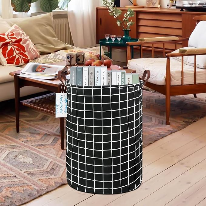 Round Laundry Basket Collapsible Storage Hamper Organizer Black Grid | Waterproof Canvas Foldable Baskets with sturdy Handles Multi-scene Organizer for Home Play Bedroom Gift Bin