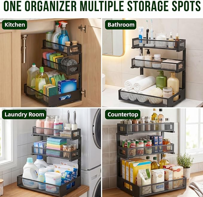 3 Tier Under Sink Organizer,1 Pack Pull Out Cabinet Shelves with Adjustable Height,Heavy Duty Carbon Steel L-Shaped Storage for Kitchen Bathroom Sink,Pantry & Laundry,Black