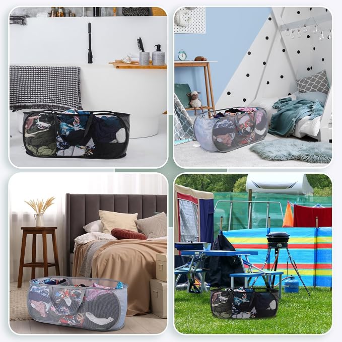 2 Pack Mesh Foldable Laundry Basket Up Laundry Hamper (Black + Grey) | 3 Compartments Up Mesh Hamper with Handles, Mesh Laundry Hamper for Laundry Room, Bathroom, Room, College Dorm or Travel