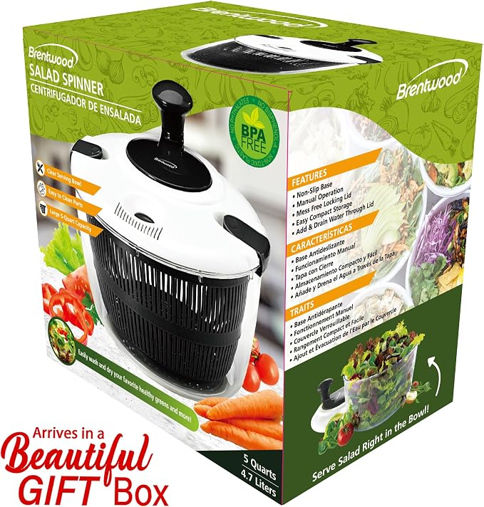 Brentwood Salad Spinner with 5-Quart Serving Bowl (Black)