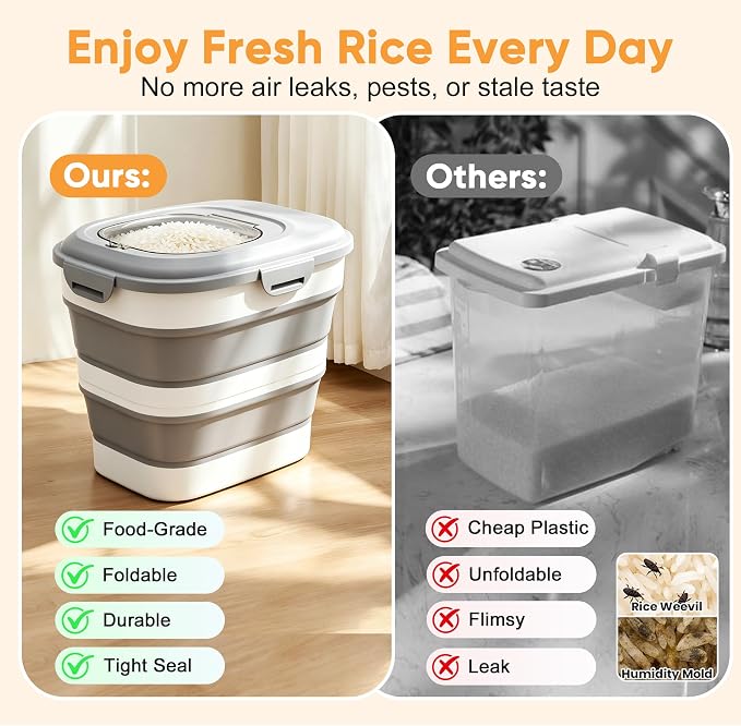 Rice Storage Container, 20 to 50Lbs Collapsible Airtight Rice Container, 30 Lbs Dog Food Storage Container with Wheels, Cup and Scoop, Food Dispenser Bin for Flour, Cereal, Flour, Cat, Bird, Pet