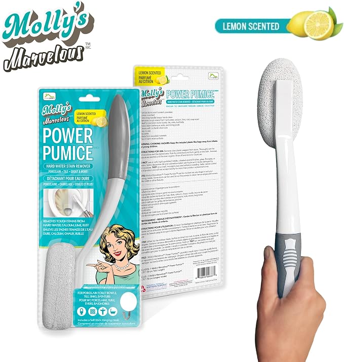 Molly's Marvelous Power Pumice – Toilet Ring & Hard Water Stain Remover, Extra-Long Handle, Chemical-Free Cleaning for Bathroom Surfaces