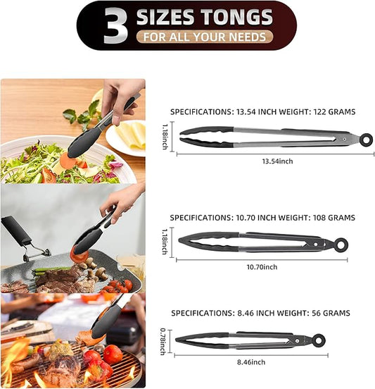 Pack of 3 Stainless Steel Kitchen Tongs with Silicone Tips – Non-Stick Cooking, Grilling & BBQ Tongs for Serving, Dishwasher Safe, 7", 9" & 12", Black