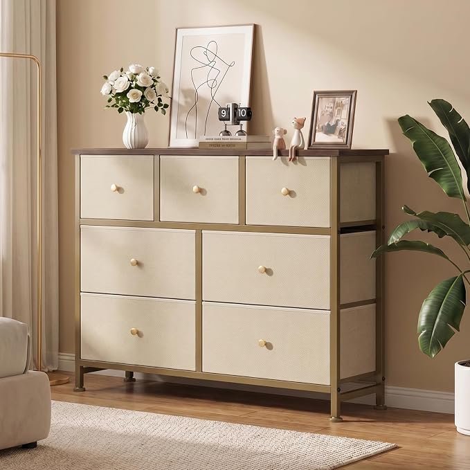OLIXIS 7 Drawer Closet Organizer, Storage Tower with Sturdy Steel Frame | Dresser for Bedroom, Wooden Top & Easy Pull Fabric Bins, Clothes Organization, Living Room Entryway, Khaki