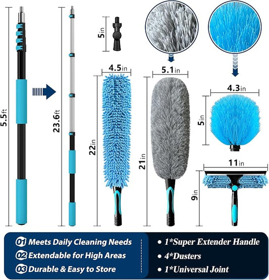 COVERONICS 30FT High Duster Cleaning Tools with 6-24FT Extension Poles | Reusable Fan Duster Cleaning Kits with Ceiling Fan Cleaner Duster, Window Squeegee, Microfiber Feather Duster & Cobweb Duster