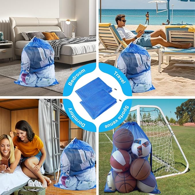 2 Pack Large Mesh Laundry Bags, 24" x 36" Heavy Duty Strong | Drawstring Dirty Clothes Bags, with Soft Breathable Net, Machine Washable, For College, Dorm, Camp, Travel & Family Use(Blue)