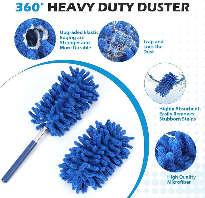 ZZ LAZYCOTTAGE 12 Pack Microfiber Dusters for Cleaning, High Duster with Extension Pole, Long Handled Feather Dusters, Household Cleaning Supplies for Ceiling, Car, Furniture, Fan, Sofas(Blue)