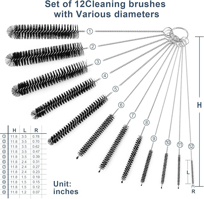 Ixiaoyoo Straw Cleaner Brush Set, 12 Pieces Botthle Cleaning Brush and Nylon Tube Brush Brush, 11.8 Inch Long Cleaning Brush Kit for Water Bottle, Straws on Tumbler, Sippy Cup, Tea Pot Spout | Black Straw Cleaner Brushes for Tumbler, Sippy Cup, Water B...