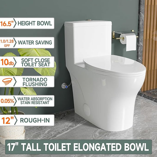 Elongated Modern Tall Toilet 17 Inch Chair Height Seat 17.3", Powerful Tornado Flush One Piece Dual Flush 1.0/1.28 GPF, ADA High Skirted Toilet for Bathroom, Comfort Bowl Heigh 16.5", White