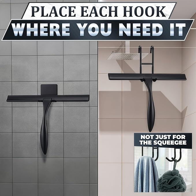 10 Inch Shower Door Squeegee - Black Shower Squeegee for Streak-Free Bathroom Glass - Stainless Steel Cleaner with Silicone Blade, Adhesive & Hanging Hooks for Mirror, Tile, Window, Car, Everyday Use