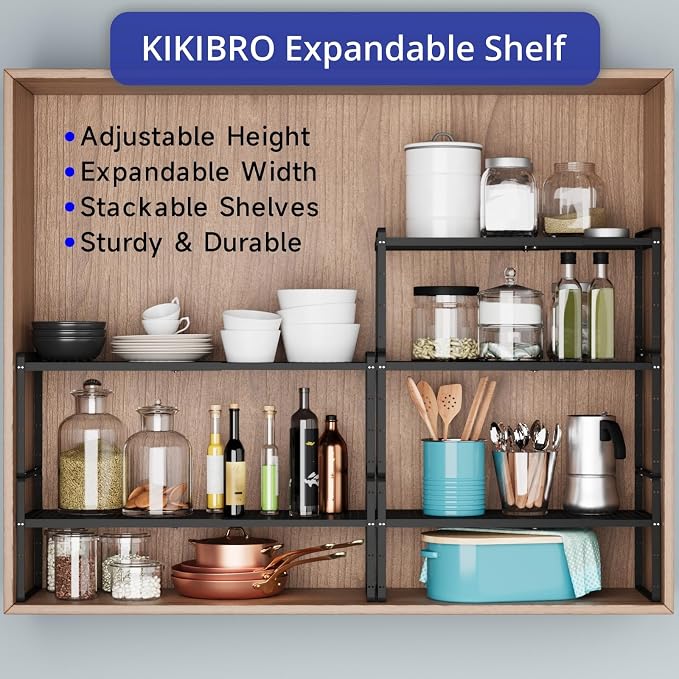 Expandable Kitchen Shelf Organizers, Kitchen Cabinet Organizer Stand Rack Organization for Countertop Cupborad Pantry Spice Rack, Black 1 Pack