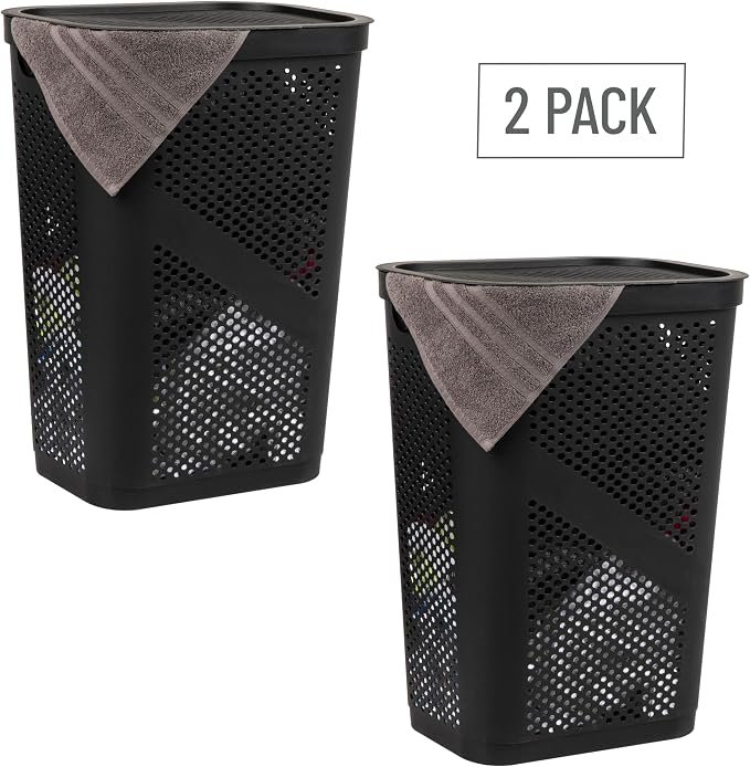Mind Reader Slim Laundry Hamper with Lid, 60L Ventilated Clothes Baskets, Tapered Design for Bathrooms, Closets, Plastic, Set of 2, Black