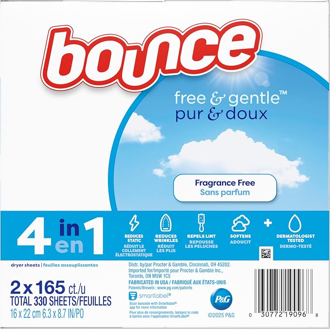 Bounce Free And Gentle Dryer Sheets For Sensitive Skin, Hypoallergenic, Free Of Dyes And Perfumes, Unscented, 330 Count