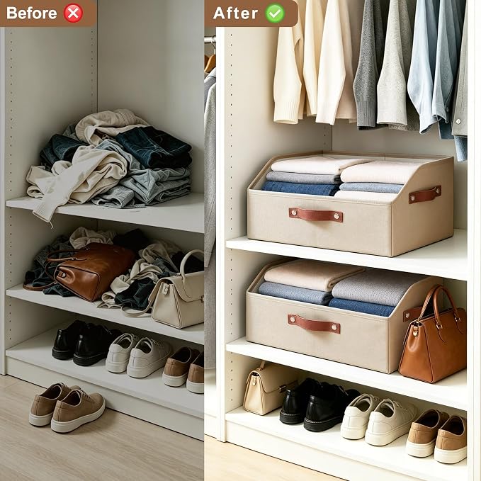 Bagnizer Closet Organizers and Storage, Linen Trapezoid Storage Bins with Handles, Collapsible Shelf Organizer for Blanket, Towel, Clothes, Hats, Purse (Khaki)