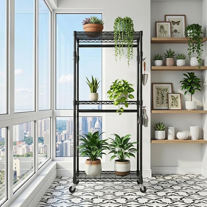 NEWBULIG Heavy Duty Clothing Rack with Wheels, 3-Tier Adjustable Wire Garment Rack, Metal Freestanding Closet Organizer System with Double Hanging Rods & 8 Side Hooks, 23" x 15" x 75", Black