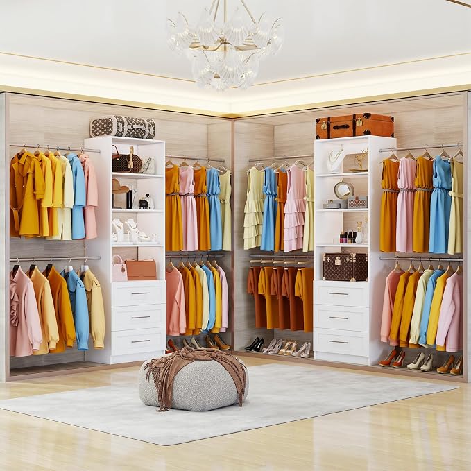 Closet System with 6 Drawers, 5FT-15FT Custom Closet Organizer System Modular Walk in Closet Storage Wooden System with 8 Expandable Hanging Rods Adjustable Shelves 2 Sets White
