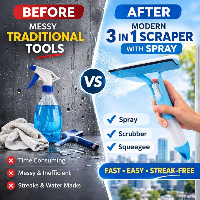 3-in-1 Window Squeegee with Spray Bottle, Handheld Glass Cleaning Tool with Microfiber Scrubber and Silicone Blade, Refillable Window Cleaner for Mirrors, Shower Doors, Tiles & Car Windows (Yellow)