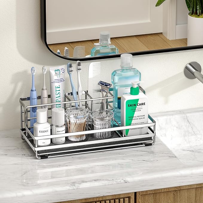 HapiRm Toothbrush Holders for Bathroom - 5 Partitions Bathroom Counter Organizer with Instant Drying Stone, Stainless Steel Countertop Storage Electric Toothbrush Toothpaste Holder - Silver(Large)