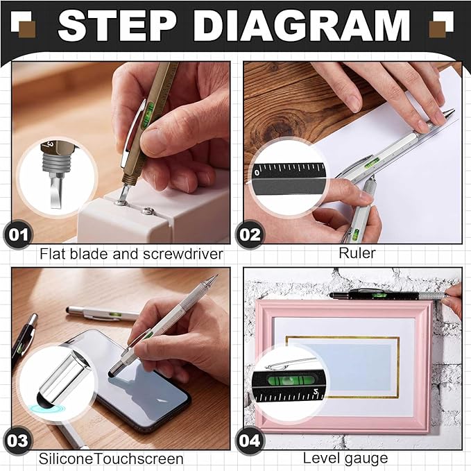 Zhanmai 16 Pcs 6 in 1 Multitool Pen Bulk Gift for Men Multi Tool Pen with Ruler Level Screwdriver Stylus Cool 40 Ink Refill Tool Gadget Birthday Christmas Stocking Stuffers (Black Gray Brown White)