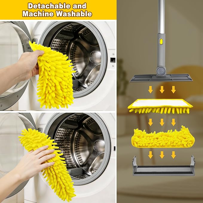 JEHONN 77” Ceiling Fan Cleaner Duster with Extra Bendable Chenille Dust Cleaning Tool, Detachable Washable Mop for Baseboard, Blinds, Walls, Floors & Car Interiors (Yellow)
