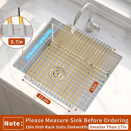Golden Roll-UP Dish Drying Rack-Large Stainless Steel Dish Drainer Over The Sink for Kitchen Countertop, Applicable for Sink Width Less Than 16.5in (Gold,17.8'x 13.2')