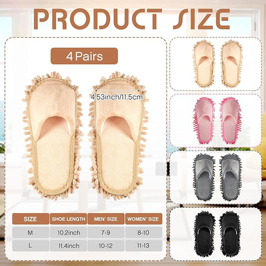 Jecery 4 Pair Washable Microfiber Mop Slippers Detachable Dusting Shoes for Floor Cleaning, Office & Home Use Suitable for Women & Men(Black, Pink, Beige, Gray,L Size)