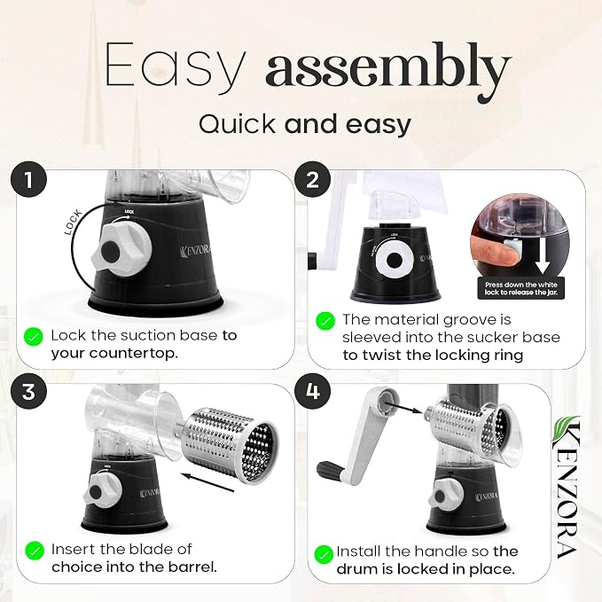 KENZORA Rotary Cheese Grater Hand Crank & Vegetable Chopper - 3-in-1 Manual Cheese Shredder with Handle - Fast Meal Prep Mandoline Slicer - Strong Suction Base & Safe Kitchen Gadgets, Black