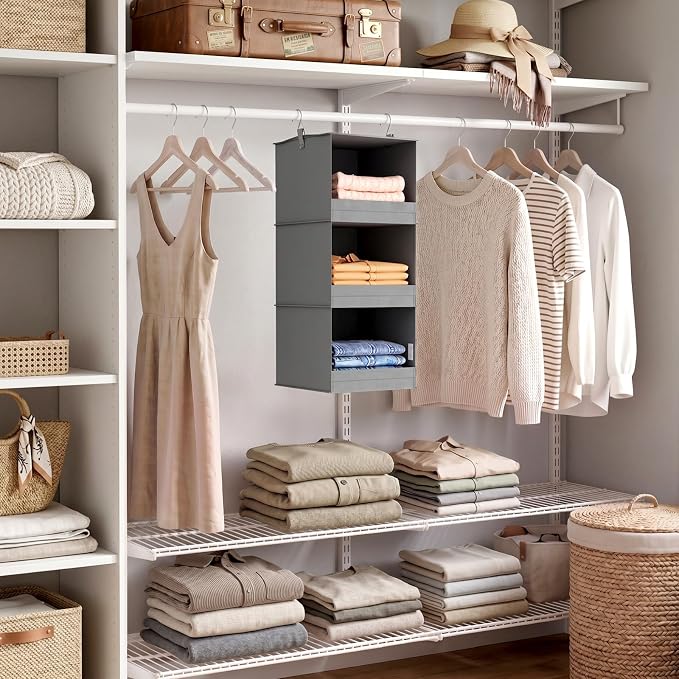 Lifewit 3 Tier Hanging Closet Organizer and Storage, Foldable Hanging Closet Shelves with 2 Sturdy Hooks, Clothes Organization for Sweater/Shoes/Coat, for Wardrobe, Bedroom, RV, Gray, 2 Pack