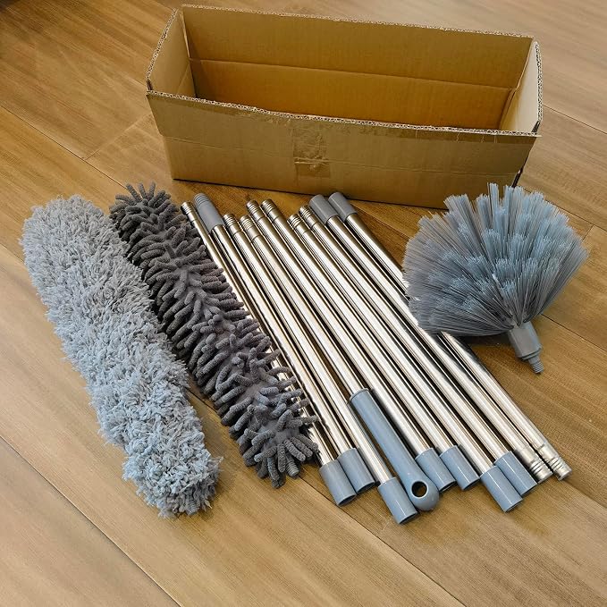 20+ Feet High Reach Duster Kit with 3-14 ft Extension Pole for Cleaning Fan, Spider Web, High Ceiling, Blinds, Furniture, Cars - Cobweb Microfiber Duster // Outdoor & Indoor Extendable Duster
