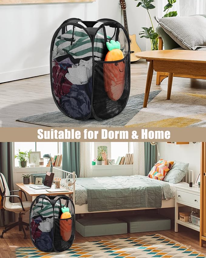 HOUSE AGAIN 2 Pack Strong Mesh Pop Up Laundry Hamper, 70L Collapsible Laundry Basket with Steel Frame, Double‑Stitched Handles & Side Pocket, Foldable Dirty Clothes Hamper for Dorm, Bedroom, Black