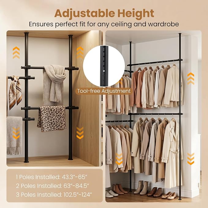 Giantex Floor to Ceiling Clothes Rack, Heavy Duty Garment Rack Adjustable | Tension Pole Closet System w/ Folding Drying Rack, Reacher Pole, Metal Garment Organizer for Bedroom, Laundry Room, Closet
