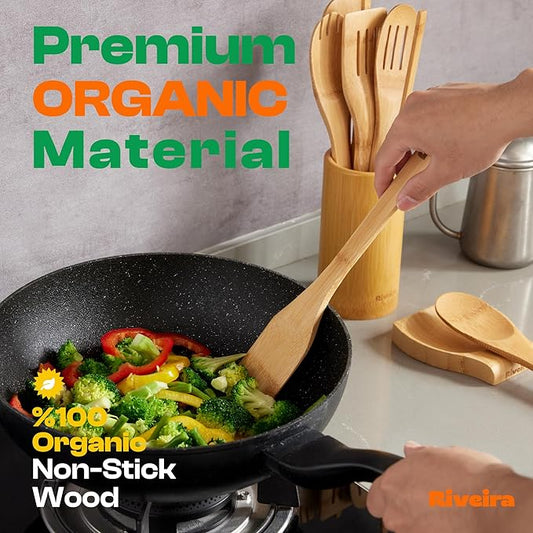 Riveira Bamboo Cooking Spoons 6-Piece – Wooden Cooking Utensils Set with Wooden Spoons for Cooking & Spatulas Wooden Utensil Sets – Premium Kitchen Utensils Set – Durable First Apartment Essentials