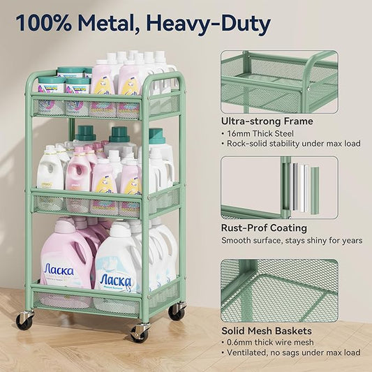 YASONIC 3 Tier Rolling Cart โ Metal Utility Storage Carts with Wheels, Craft Carts Organizer with Hanging Cups, Hooks, Mesh Basket for Bedside Kitchen Office Art, Green