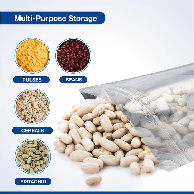 BELLE KR® Clear Mylar Bag 8"x12" - Pack of 100, 8 Mil Thick - 2 Quart Stand Up See Through Mylar Bags for Food Storage with Label Stickers