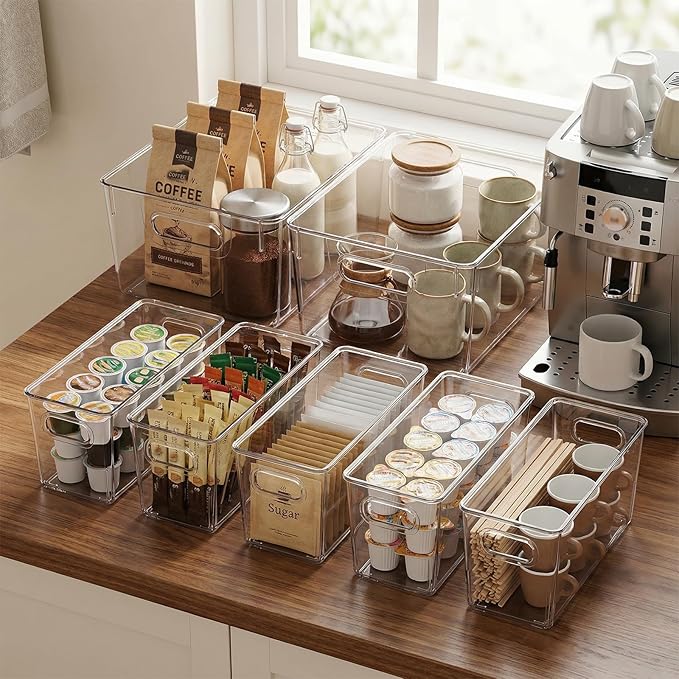 MOONEDGE 10 Pack Clear Plastic Storage Organizer Bins, 4 Large & 6 Narrow | Under-Sink Storage Containers, Kitchen, Pantry, Bathroom, Cabinet Organization, Clear Bins for Organizing, Deep Narrow Bins