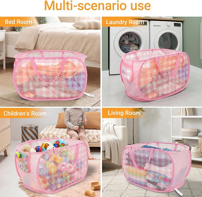 Sturdy Collapsible Laundry Baskets - Pop Up Laundry Hampers with Handy Pocket, Foldable Clothes Hamper with Reinforced Carry Handles for Bathroom, Kids Room, Dorm or Travel - Check Print, Pink