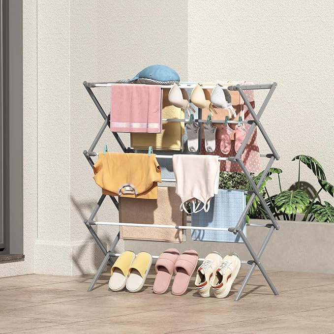 KINGBOARD 3-Tier Extendable Clothes Drying Rack, Foldable, White & Grey | 37.4"H x 33.8"W x 11.2"D, Space-Saving Collapsible, Easy Assembly, Rust-Resistant Iron Frame, Indoor Outdoor Use, 25lb