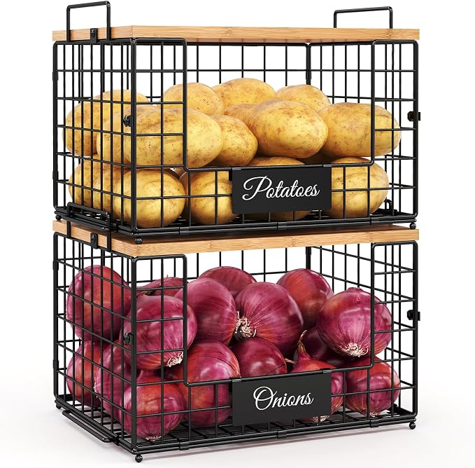 2 PACK XXL Potato and Onion Storage Bins, Pantry Organizers and Storage | Stackable Wire Baskets with Wooden Tops & Tags, Kitchen Counter Organizers Bins for Potato, Onion, Fruit, Vegetable, Garlic
