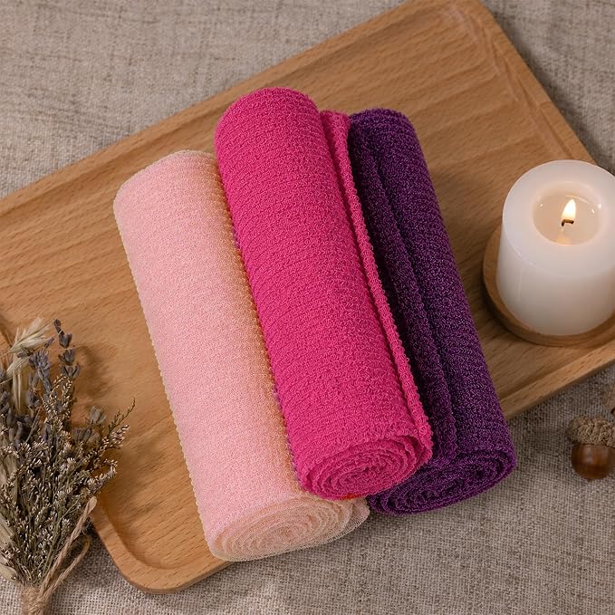 3 PCS Exfoliating Washcloth Towels - Exfoliating Body Scrubber Exfoliator, Back Scrubber for Shower Bath Use, Japanese & Korean Scrub Wash Cloths, Loofah Lufa Sponge Washer for Women Men