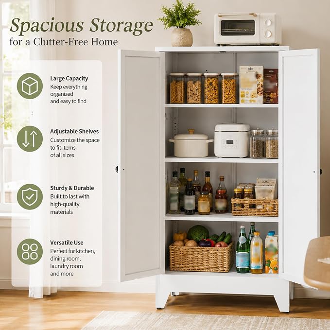 AQY Metal Pantry Cabinet with Adjustable Shelves, White Kitchen Pantry Storage Cabinet with 2 Doors, Freestanding Storage Cupboard Organizer for Dining Room, Living Room, Bathroom