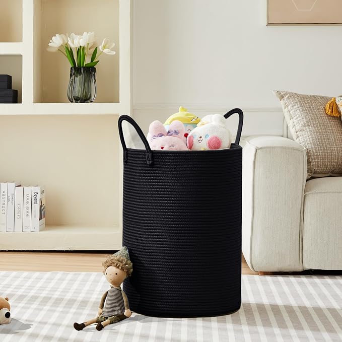 80L Large Black Hamper Woven Tall Laundry Basket for Clothes | Cotton Rope Modern Blanket Storage Basket in Living Room Bedroom 16Dx22H inches
