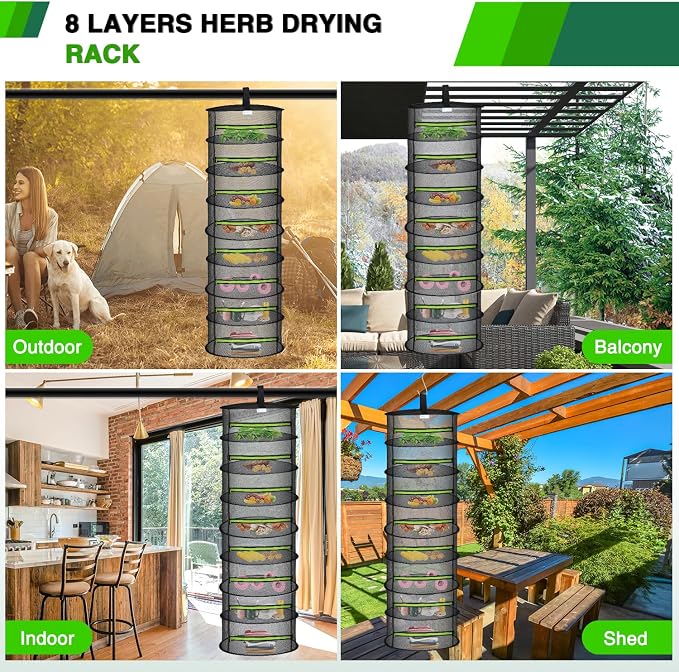 Yesker 8 Layer Herb Drying Rack Hanging Mesh Foldable Plant Drying Racks 24" w Green Zipper Pruning Shears Gloves Dryer Hanging Rack for Herbs Seed Bud Fruit Clothes Grow Tent Closets Garden Outdoor