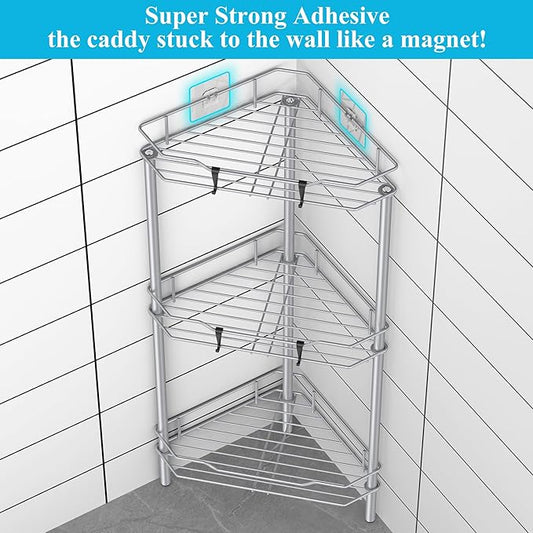 HuggieGems 3 Tier Floor Standing Corner Shower Caddy Organizer Shelf with Hooks, Bathroom Shelves Stand Rack, Silver