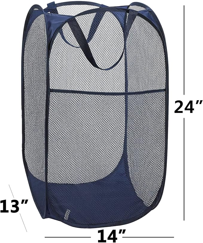 2 Pack Laundry Hamper,Foldable Mesh Popup Laundry Basket with Durable Handle,Easy to Open and Fold for Dorm, Laundry Room, Bedroom, RV(blue+ blue)…